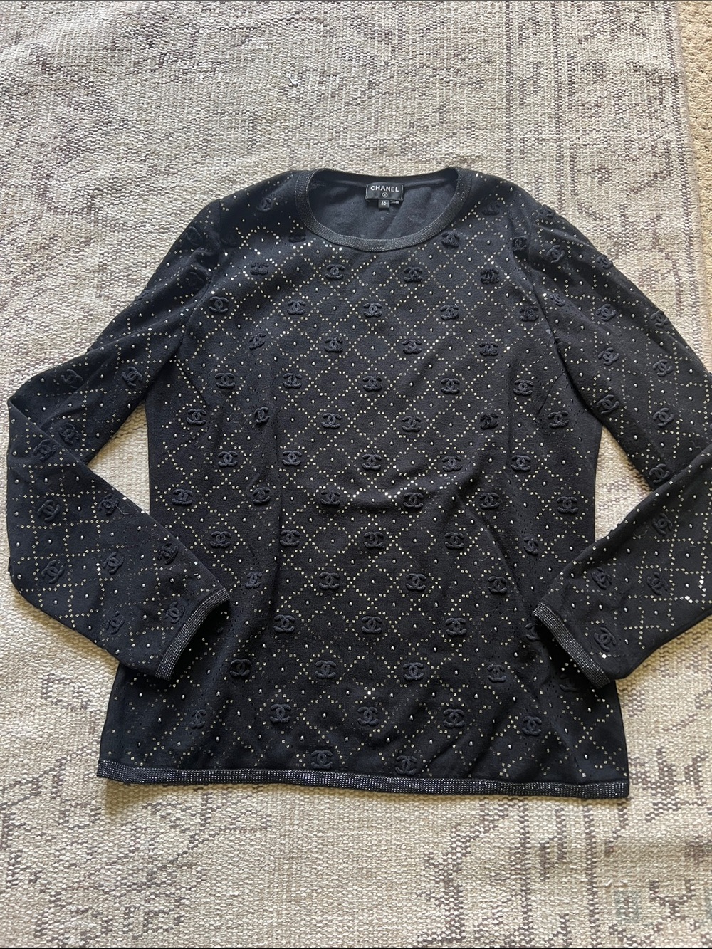 CHANEL Black Stud-Embellished Long Sleeve Knit Top